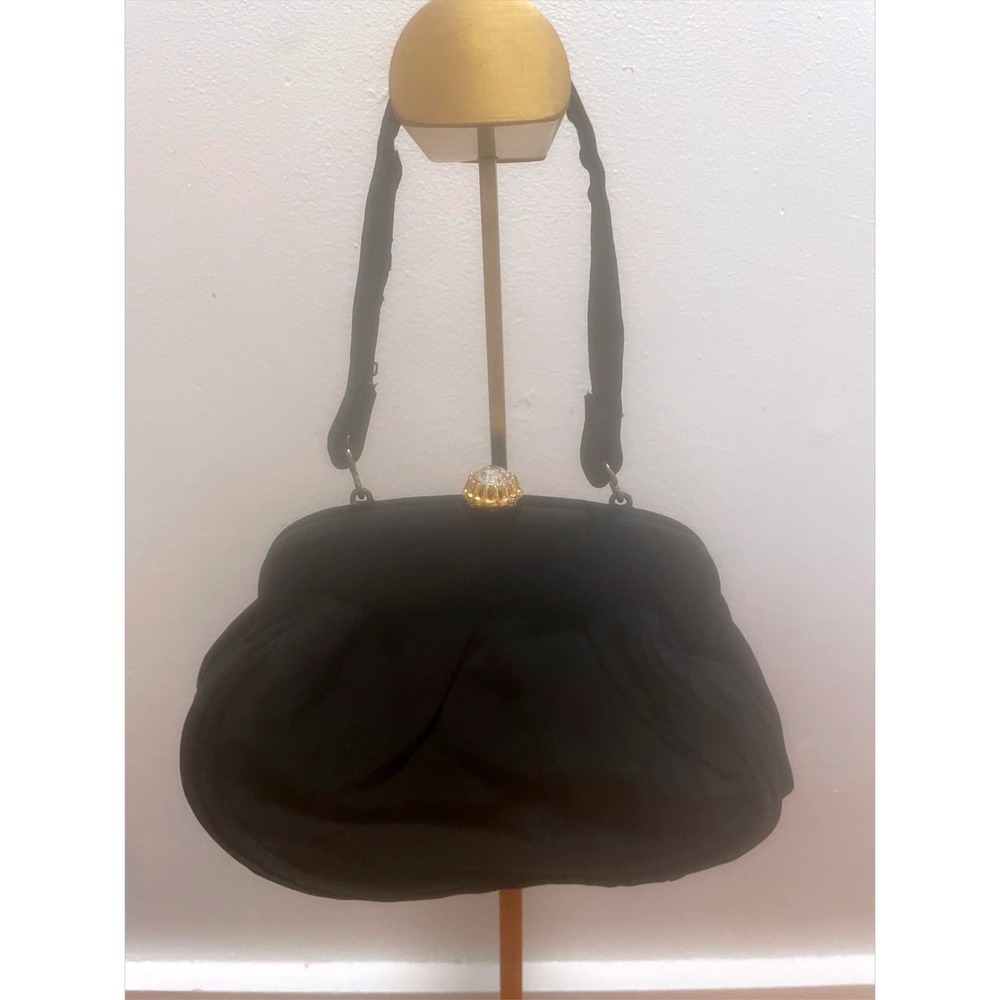 Vintage Black Faille Evening Bag Gold Rhinestone Kiss Lock Pleated Handbag